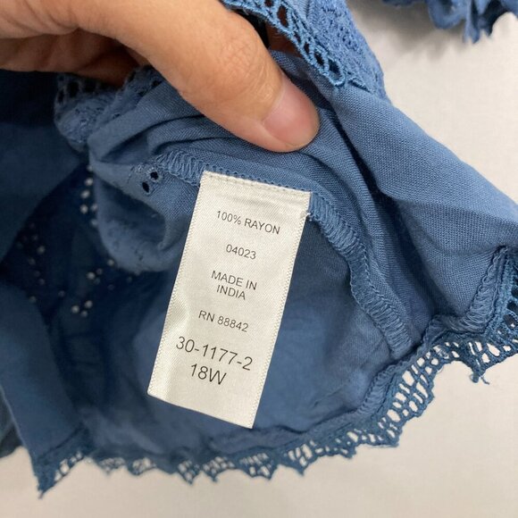 New Roaman's  size 18W Blue Embroidered Pintuck 3/4 Sleeve Boho Button Down - Picture 5 of 8